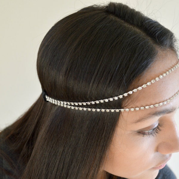 Boho headpiece, Double Chain Headpiece, Silver crystal Head band