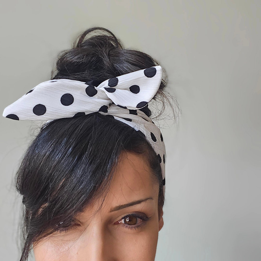 White & Black Polka Dot Dolly Bow Headband – Wired Adjustable Hair ...
