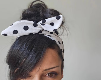 White & Black Polka Dot Dolly Bow Headband – Wired Adjustable Hair Accessory, Retro Pin Up Style, Handmade Fabric Headband