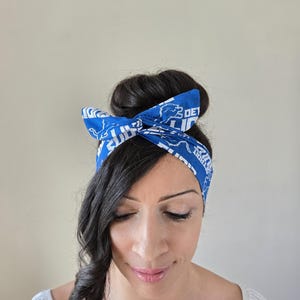 May include: A blue headband with a white print of the Detroit Lions logo and the words "Detroit Lions". The headband is tied in a bow on top of a woman's head.