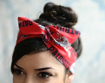 New England Patriots Dolly Bow Headband – Red Patriots Wired Hair Accessory, Handmade NFL Game Day Headband