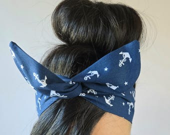 Blue Anchor bow headband , wire Nautical bow, Blue Anchor Dolly bow Headband, hair bow head band