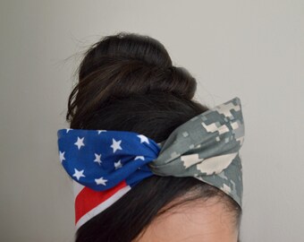 ACU Pin Up Bow, American flag headband, Army headbanad, Army bow, American Camo Dolly bow headband, Flag head band, A1