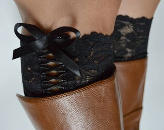 Black lace cuffs, Bow tie up Black floral Lace Boot cuffs,  Tie up Boot Lace accessories