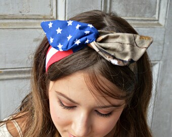 Hunter American Headbnd, Realtree Camo American Dolly bow,Patriotic Flag head band, hair bow A1