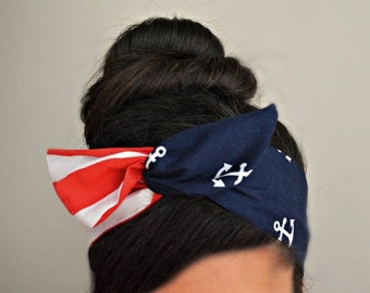 Blue Anchor red stripe Dolly bow Headband, hair bow head band A1