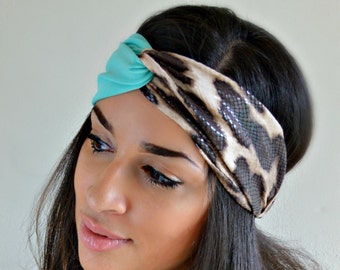 Bandeau de Turban imprimé serpent tacheté bleu