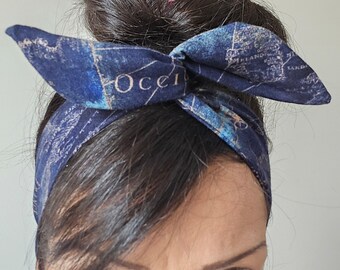 Blue map bow Globe trotter bow, World Map Dolly bow Headband, hair bow head band