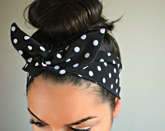 Black Polka dot dolly bow, head bands, Polka dot turban