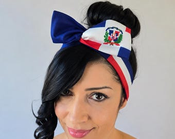 Dominican Republic Dolly Bow Headband, Soccer Wired Adjustable Game day World Cup Headband Accessory