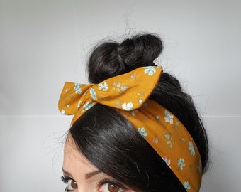 Dark mustard Flower Pin up bow, vintage floral hair bowdollybow