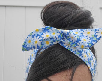 Blue with Tropical green palm tree print bow headband Rockabilly Pin up girl
