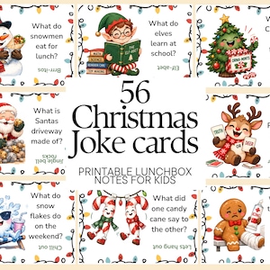 Könnte beinhalten: Ein Set aus 56 Weihnachts-Witzkarten mit farbenfrohen Illustrationen von Schneemann, Elf, Weihnachtsbaum, Weihnachtsmann, Rentier, Schneeflocke, Zuckerstangen und Lebkuchenmann, jeweils mit weihnachtlichen Fragen und Antworten bedruckt.
