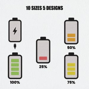 May include: A graphic display featuring the text 10 SIZES 5 DESIGNS above five battery icons. The icons show various charge levels: a lightning bolt, 25% with a red bar, 50% with two orange bars, 75% with three yellow bars, and 100% with four green bars.