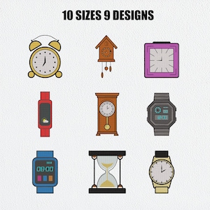 May include: A collection of nine clock icons with the text 10 SIZES 9 DESIGNS. The icons include a gold alarm clock, a brown cuckoo clock, a purple square clock, a red fitness tracker, a brown grandfather clock, a black digital watch, a blue smartwatch, an hourglass, and a gold analog wristwatch.