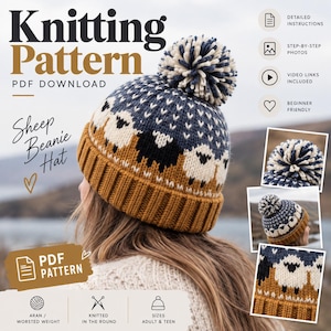 May include: A PDF knitting pattern for a beanie hat featuring a sheep motif. The hat has a mustard yellow ribbed brim, a navy blue section with white and black sheep, and a multi-colored pom-pom on top. Text includes Knitting Pattern.