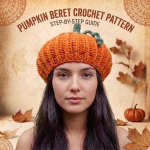 Könnte beinhalten: Eine leuchtend orangefarbene Häkelbaskenmütze mit gerippter Textur und einem kleinen grünen Stiel oben. Der Text PUMPKIN BERET CROCHET PATTERN STEP-BY-STEP GUIDE ist in Braun über der Mütze auf hellem Hintergrund mit Herbstblättern aufgedruckt.