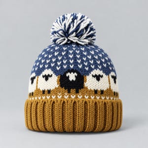 May include: A knit beanie featuring a mustard yellow ribbed cuff and a pattern of white and black sheep on a blue background. The hat is topped with a large, round pom-pom made of alternating white and blue yarn strands, creating a textured look.
