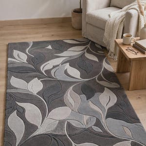 Modern Hand Tufted Wool Rug - 3D Carved Botanical Leaf Pattern  Hand made Area Carpet