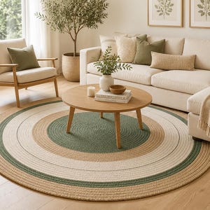 Round Jute Area Rug, Striped Green and Natural Jute Carpet, Handcrafted Boho Circle Floor Mat,