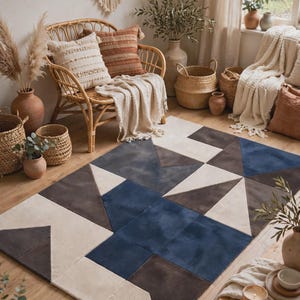 Modern Hand Tufted Geometric Wool Rug - Mid Century Abstract Color Block Area Carpet -
