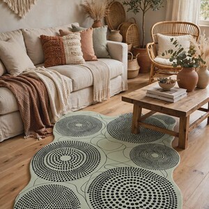 Hand Tufted Irregular Sage Green Rug - Abstract Dotted Mandala Area Carpet