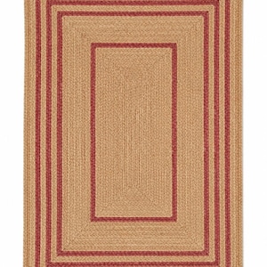 Natural Jute Area Rug, Natural Golden-Hand-Woven Red Striped Jute Carpet, Eco-Friendly Rectangular Floor Mat,