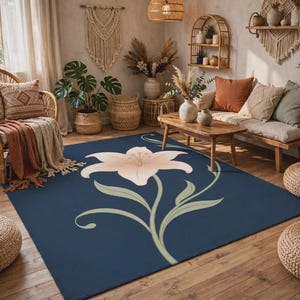 Alfombra floral tejida a mano, elegante alfombra botánica de lirios, alfombra azul oscuro rosa suave, alfombra hecha a mano