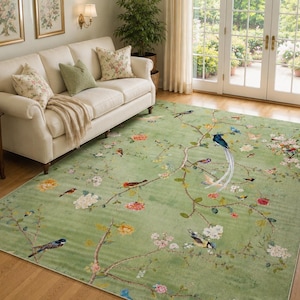 Sage Green Bird & Branch Carpet Chinoiserie Hand Tufted NZ Wool Rug, Luxury Living Room Decor,