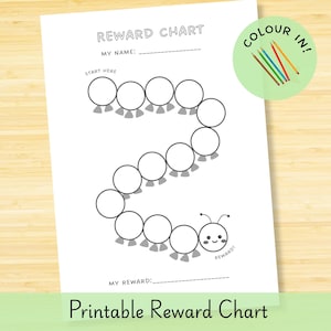 May include: A printable reward chart featuring a caterpillar design with circular segments to color in. The page includes the text REWARD CHART, MY NAME, START HERE, REWARD, and MY REWARD, along with a green circular graphic showing COLOUR IN! with pencils.