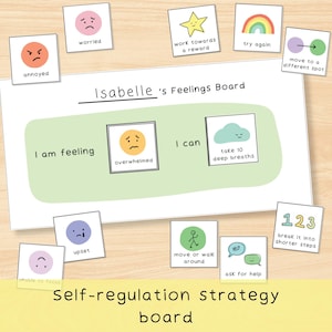 Puede incluir: Un tablero de estrategia de autorregulación titulado Isabelle's Feelings Board con un área central verde que muestra un emoji abrumado y una tarjeta de tomar 10 respiraciones profundas. Las tarjetas circundantes muestran emociones y estrategias.