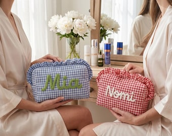 Custom Name Gingham Makeup Bag, Personalized Ruffle Cosmetic Pouch, Bridesmaid Proposal Gift, Wedding Party Favor