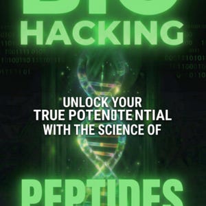 Może przedstawiać: Okładka książki z tytułem "BIO HACKING" dużymi, świecącymi na zielono literami. Okładka zawiera również tekst "UNLOCK YOUR TRUE POTENOTENTIAL WITH THE SCIENCE OF PEPTIDES" i "RETAIL EDITION". Grafika nici DNA znajduje się na środku.