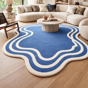 Blue Wavy Area Rug, Irregular Shape Rug, Modern Abstract Carpet, Coastal Living Room Rug, Contemporary Statement Rug, Organic Shape Floor De