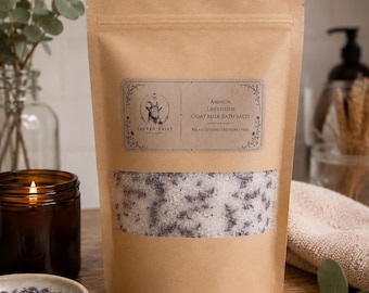 Arnika Lavendel Ziegenmilch Badesalz | Ätherisches Öl, Aromatherapie, Bittersalz + Totesmeersalz, Selbstpflege, Feuchtigkeitsspendend, Entspannend