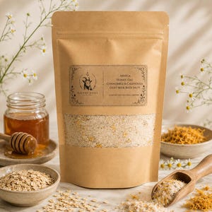 May include: A brown kraft paper pouch containing Arnica, Honey, Oat, Chamomile & Calendula Goat Milk Bath Salts. The label features a goat logo and the text Sacred Daisy Apothecary. The pouch has a clear window showing the granular bath salt mixture.