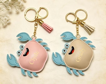Cute Personalized Crab Bag Charm | Custom Name Leather Keychain Gold Foil | Ocean Beach Crab Pendant | Gift for Sea Lovers & Backpack Charm