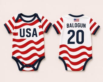 Spersonalizowane body niemowlęce z nadrukiem USA Soccer, spersonalizowany numer imienia, strój kibica USA Football, patriotyczny prezent na baby shower