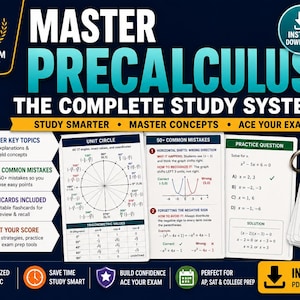 May include: A digital study guide titled Master Precalculus The Complete Study System, featuring a unit circle diagram, common mistake analysis, practice questions, and a stack of flashcards on a ring, all presented on a dark blue background.
