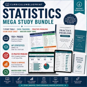 Puede incluir: Un paquete de estudio de estadística que incluye una computadora portátil con un rastreador de Excel, una tableta con una lista de verificación y materiales impresos como un libro de ejercicios, tablas de referencia y una guía.