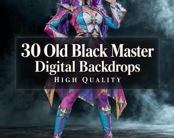 May include: A digital graphic featuring a person in a vibrant pink and blue fantasy costume with star-shaped accents, overlaid with the text 30 Old Black Master Digital Backdrops HIGH QUALITY against a dark, smoky, and textured background.