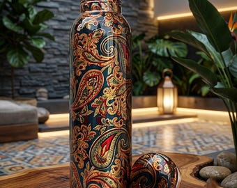 May include: A cylindrical metal water bottle featuring a dark teal base color with an intricate, multi-colored paisley pattern in shades of gold, red, and green. The bottle has a matching removable screw-top lid resting beside it on a wooden surface.
