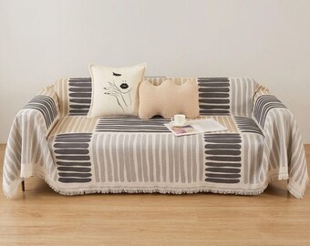 Geometric Sofa Cover Throw, Woven Couch Slipcover, Boho Striped Tassel Blanket, Beige Gray Furniture Protector