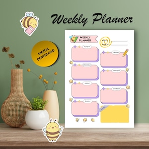 May include: A weekly planner printable featuring a bee theme with pink rectangular boxes for each day of the week, a yellow notes section, and small bee illustrations. The text reads Weekly Planner, Month, Week Of, Monday, Tuesday, Wednesday, Thursday, Friday, Saturday, Sunday, and Notes.