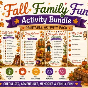 以下が含まれることがあります： Fall Family Funアクティビティバンドル。Fall Color Adventure、Cozy Autumn Fun、Pumpkin Patch Adventure、My Fall Favorites、Draw Your Favorite Fall Memoryなどのチェックリストを含む6枚の印刷可能なページで構成され、秋の葉で装飾されています。