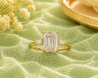 Peut inclure: Une bague en or avec une grande pierre centrale taille émeraude flanquée de deux pierres plus petites taille baguette de chaque côté. L'anneau est en or jaune poli et les pierres précieuses claires et facettées sont serties en trio.