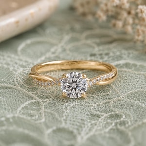 1 CT Round Moissanite Engagement Ring, Twisted Pave Solitaire Ring, Classic Bridal Ring, Promise Ring, Gift for Her