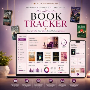 May include: A digital book tracker app displayed on a laptop and smartphone screen. The interface shows reading goals, progress charts, and book covers. Text includes "the ultimate BOOK TRACKER" and "Your private. Your story. Beautifully organized."