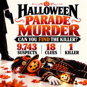 Può includere: Un poster grafico intitolato HALLOWEEN PARADE MURDER CAN YOU FIND THE KILLER? che mostra una figura con testa di zucca in un abito nero e arancione sdraiata a terra con foglie autunnali, una lanterna e una persona con una pistola.