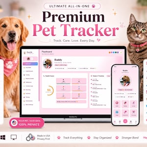 May include: A digital pet tracking software interface displayed on a laptop and smartphone. The screen shows a dashboard titled Pawboard with health scores, timelines, and pet profiles. Text includes Ultimate All-in-One Premium Pet Tracker.